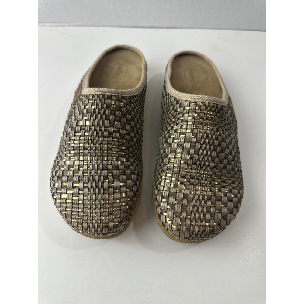Taos Primavera Woven Leather Tan Bronze Basketweave Clogs Cork Sandals US 8 8.5 - Picture 13 of 13